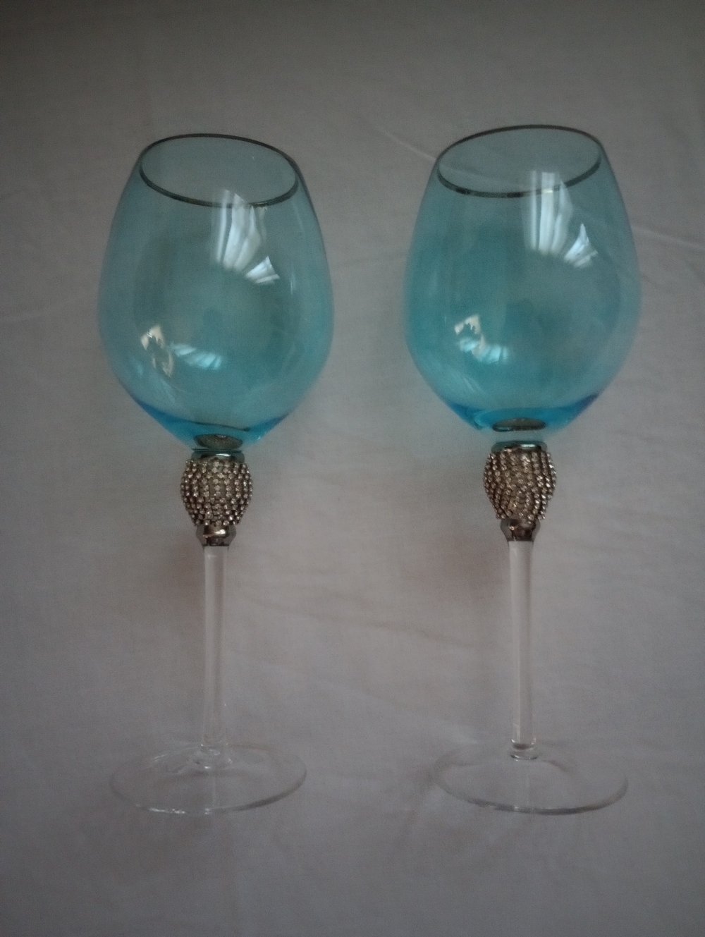 Set of 2 Blue Savant Style Rhinestone Gold Rim 10 " Wine Glasses
